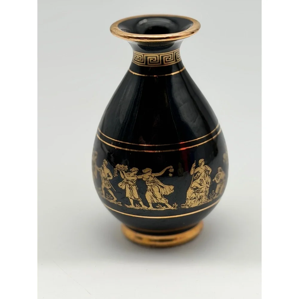 D. Vassilopoulos Greece Hand Made 24K Gold Black Ceramic Bud Vase Greek Figures